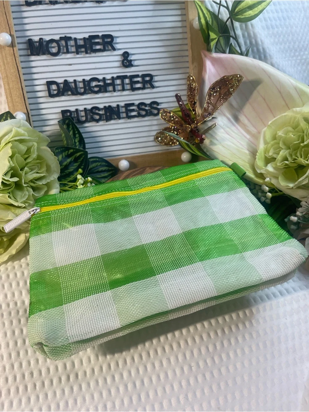 Vintage Clinique Green White Check Cosmetic Makeup Bag Zipper Pouch Travel Case